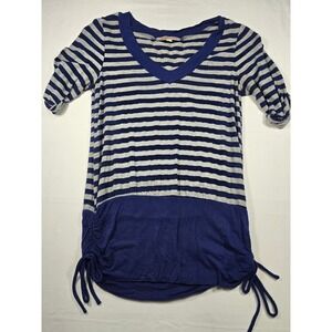 Julie's Closet Womens Navy Blue Grey Striped Ruched Side Tie Tunic Top Medium